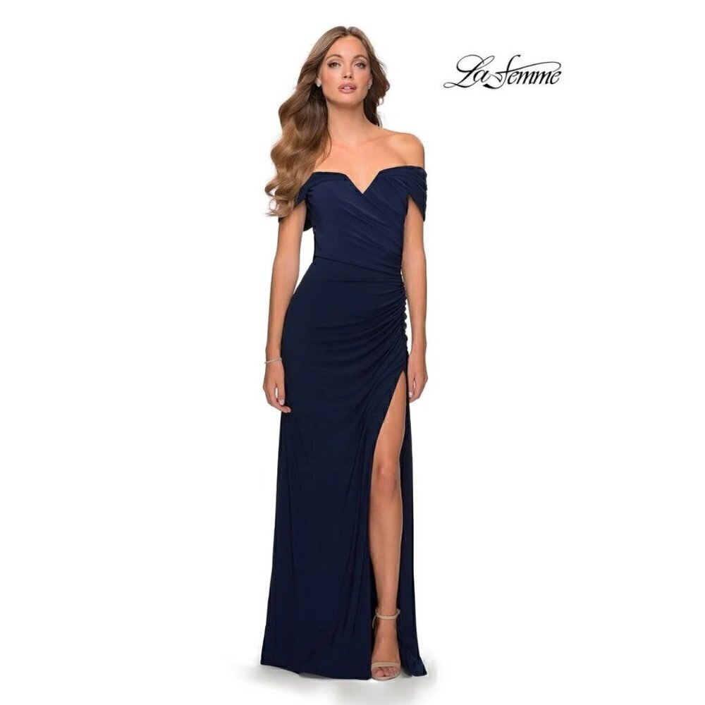 New La Femme Size 10 Off the Shoulder Ruched Floor Length Gown Navy